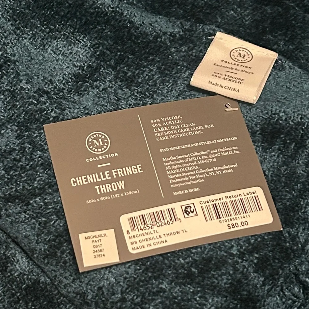 Martha Stewart Chenille Dark Turquoise Fringe Throw Blanket - Picture 3 of 3